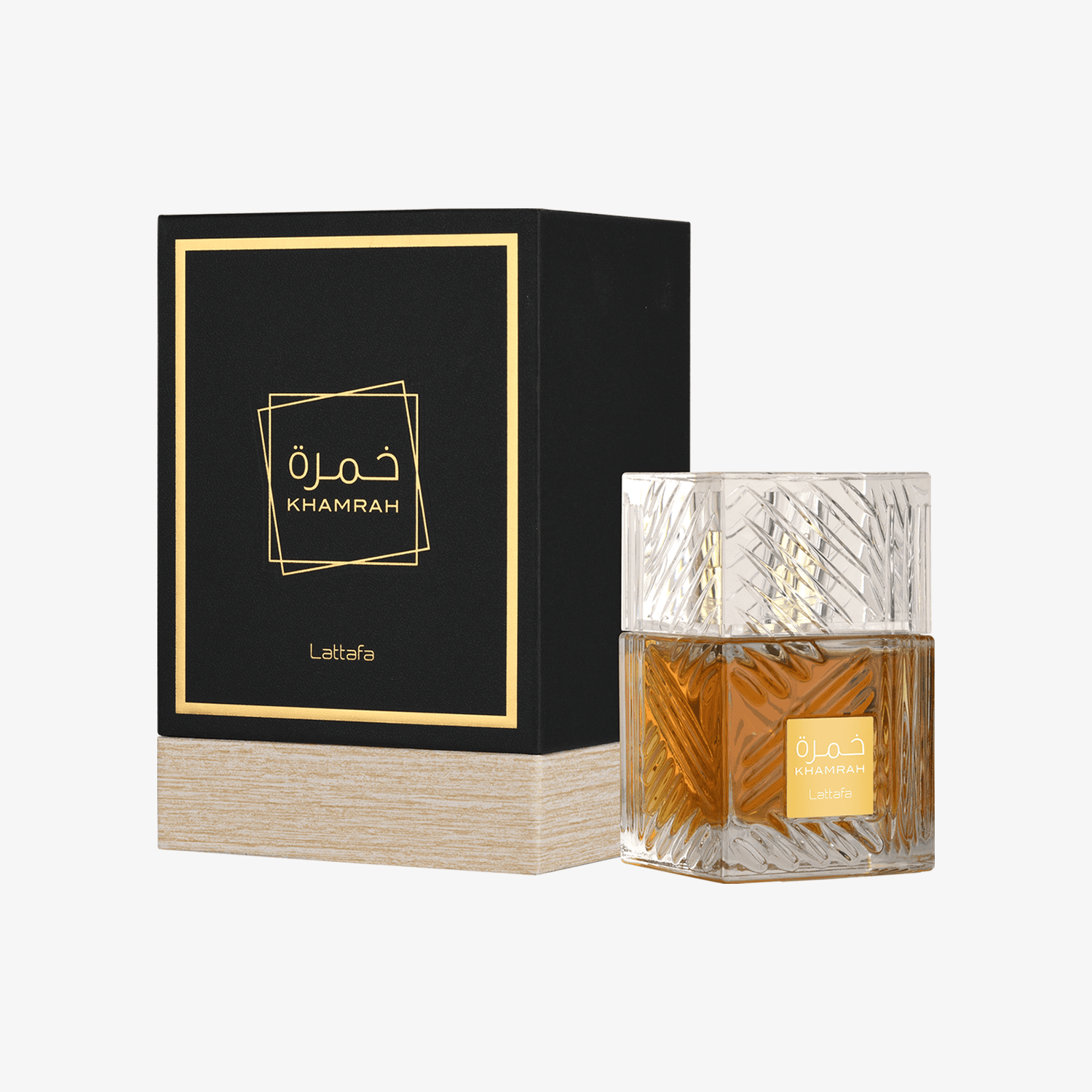 Lattafa Khamrah bottle beside its sealed presentation box