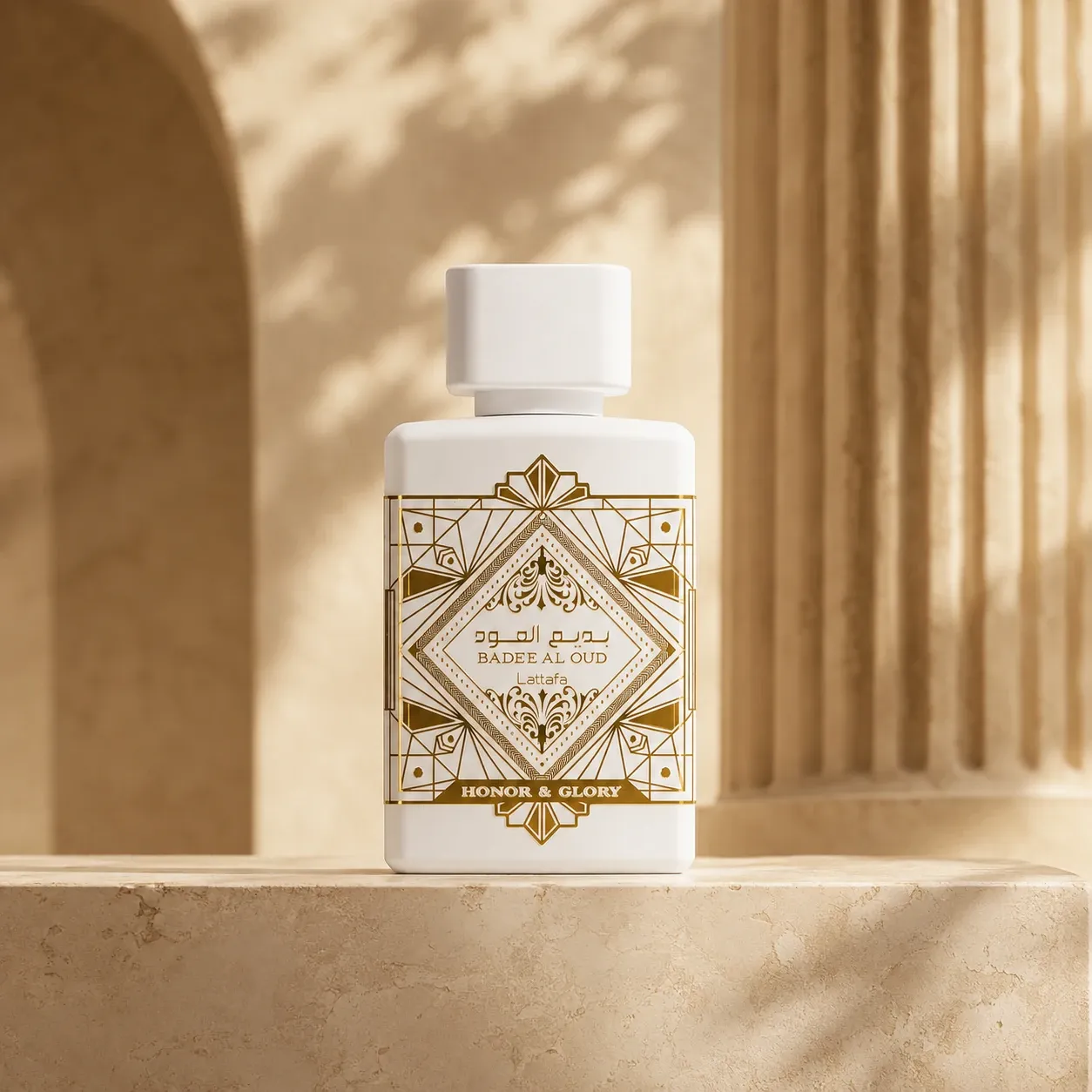 Lattafa Badee Al Oud White perfume bottle