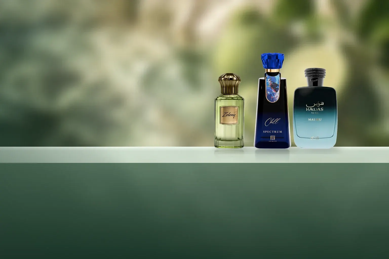 Ahmed Al Maghribi Zeleny and Chill Spectrum with Rasasi Hawas Malibu on a sage ledge in front of green citrus leaves