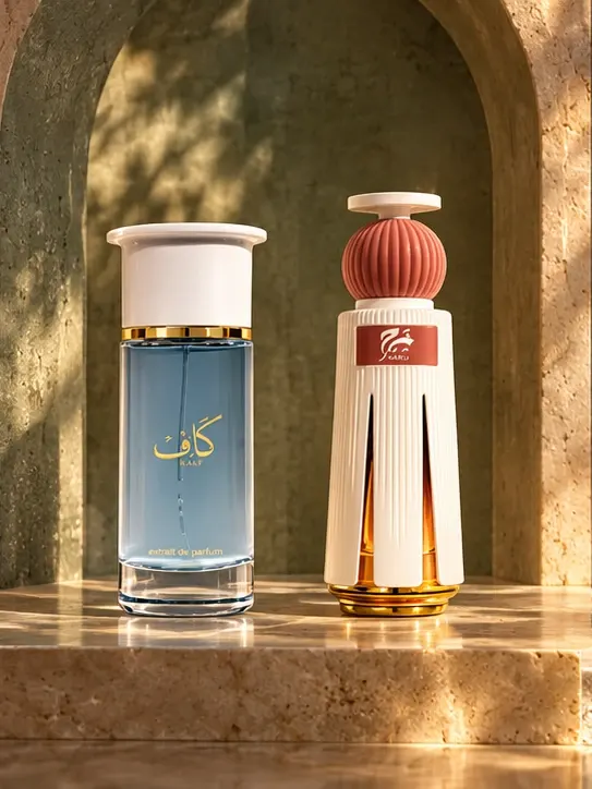 Ahmed Al Maghribi Kaaf and Marj perfume bottles in a sunlit stone alcove
