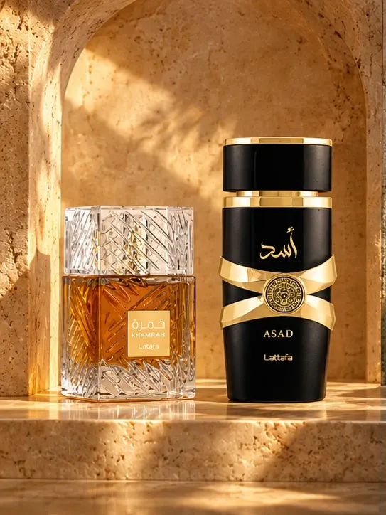 Lattafa Khamrah and Asad perfume bottles in a sunlit stone alcove