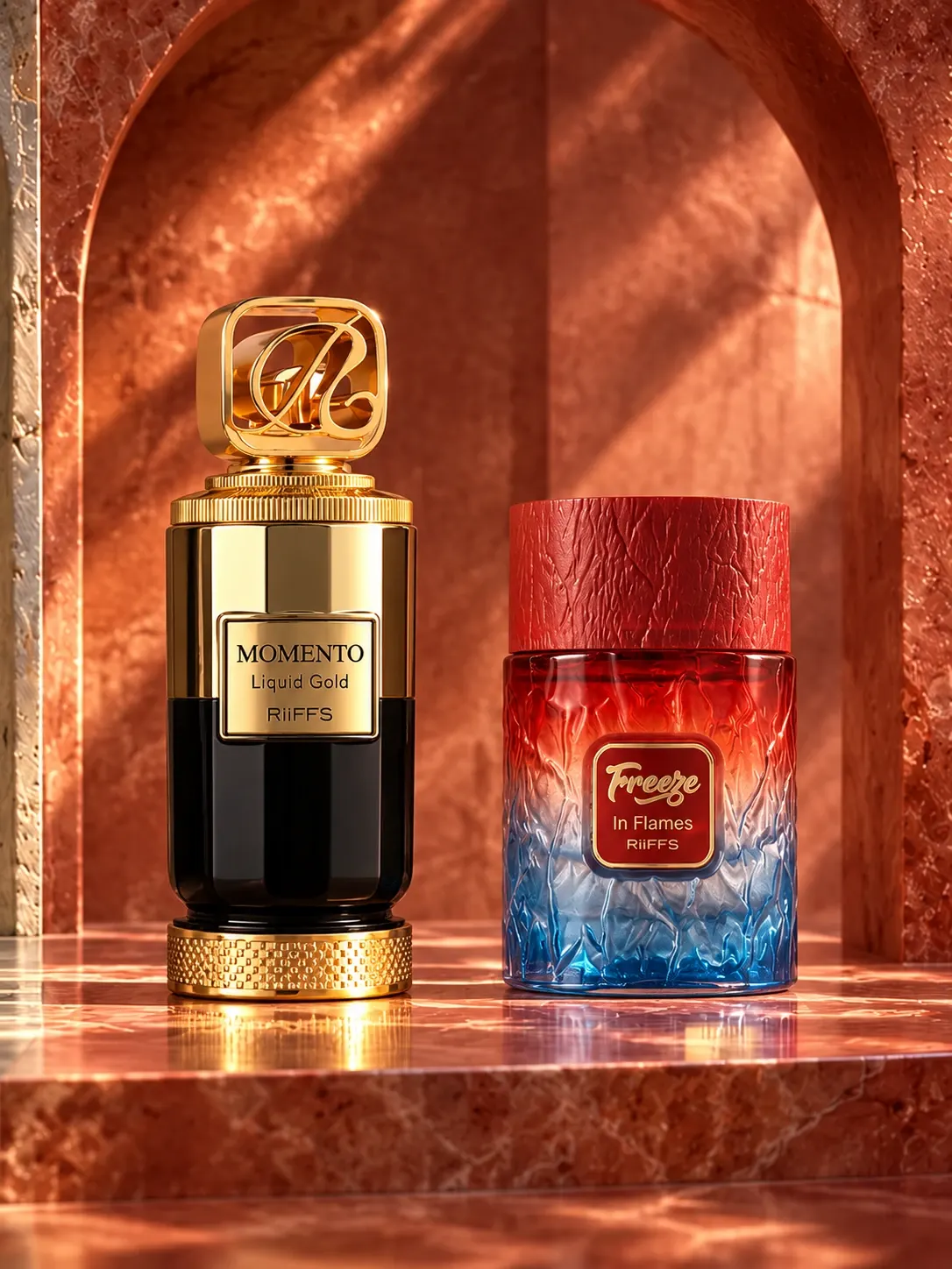 RiiFFS Momento Liquid Gold and Freeze In Flames perfume bottles together in a sunlit red marble alcove