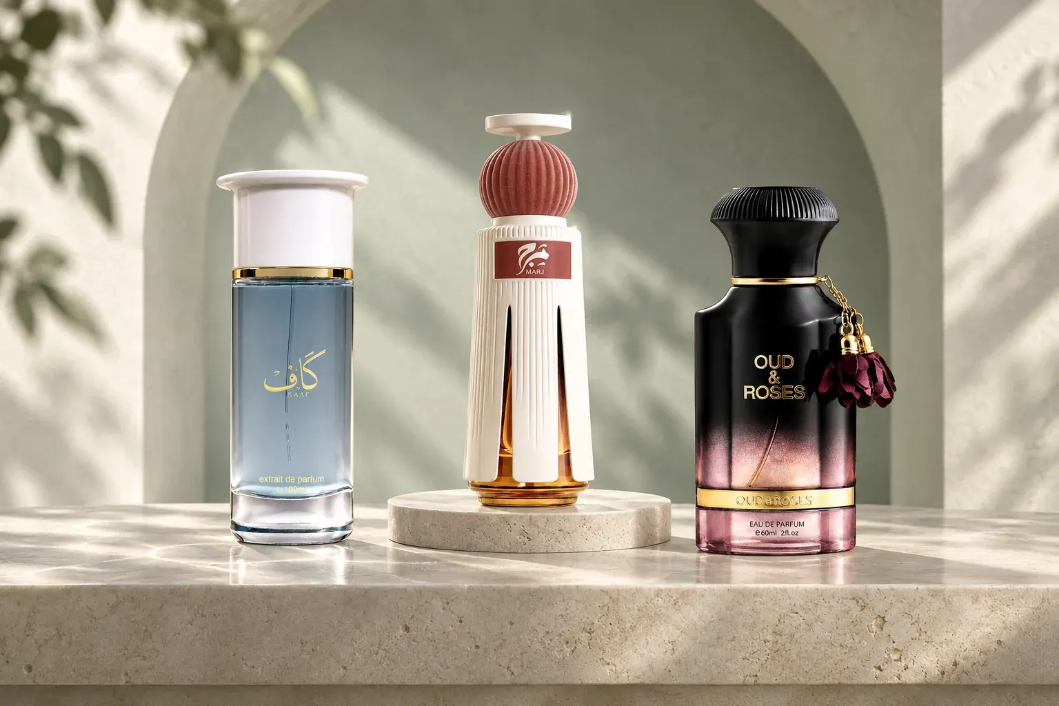 Ahmed Al Maghribi Kaaf, Marj and Oud & Roses arranged on limestone in a sage arched alcove