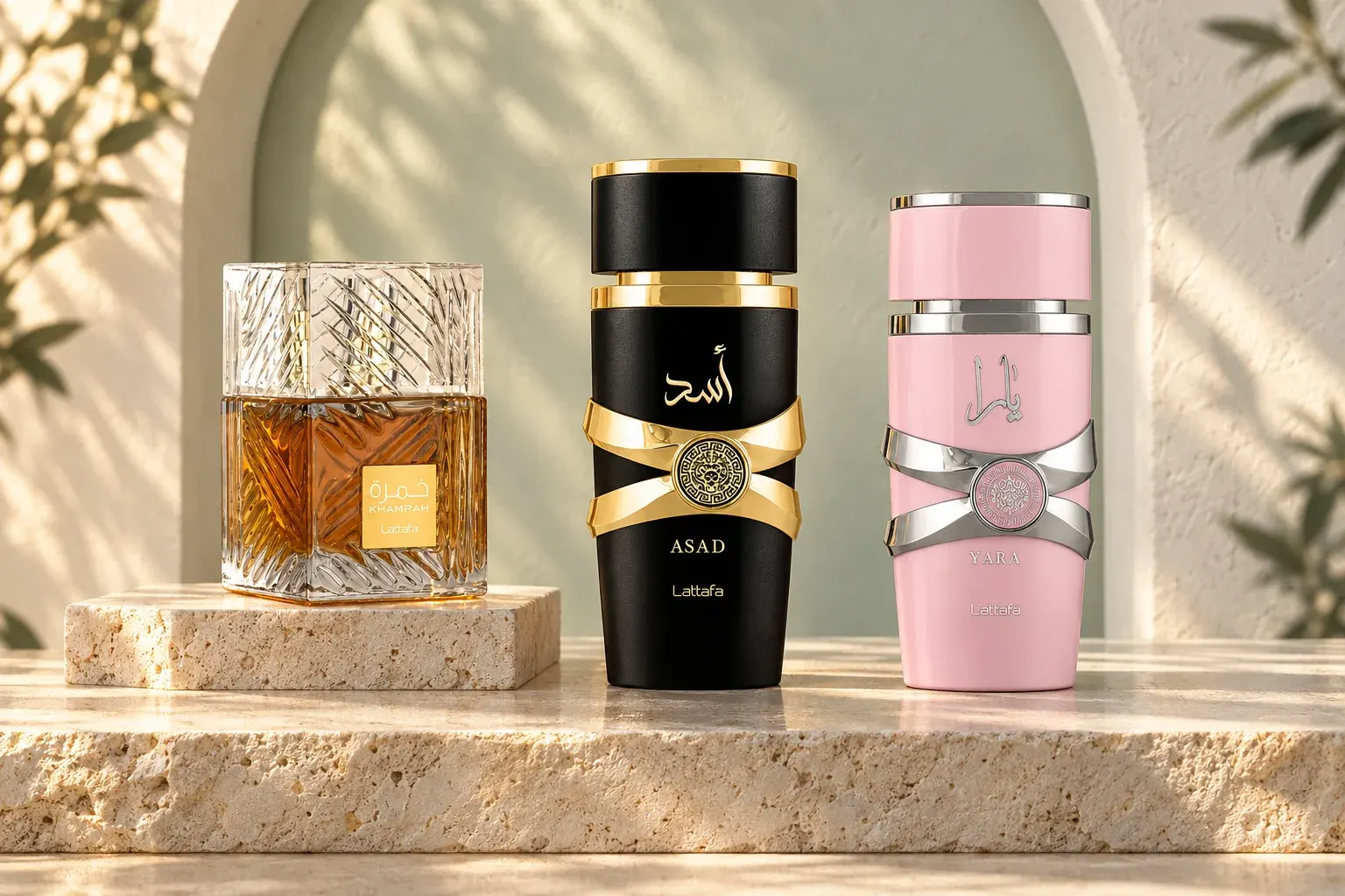 Lattafa Khamrah, Asad and pink Yara styled on sunlit limestone with soft botanical shadows