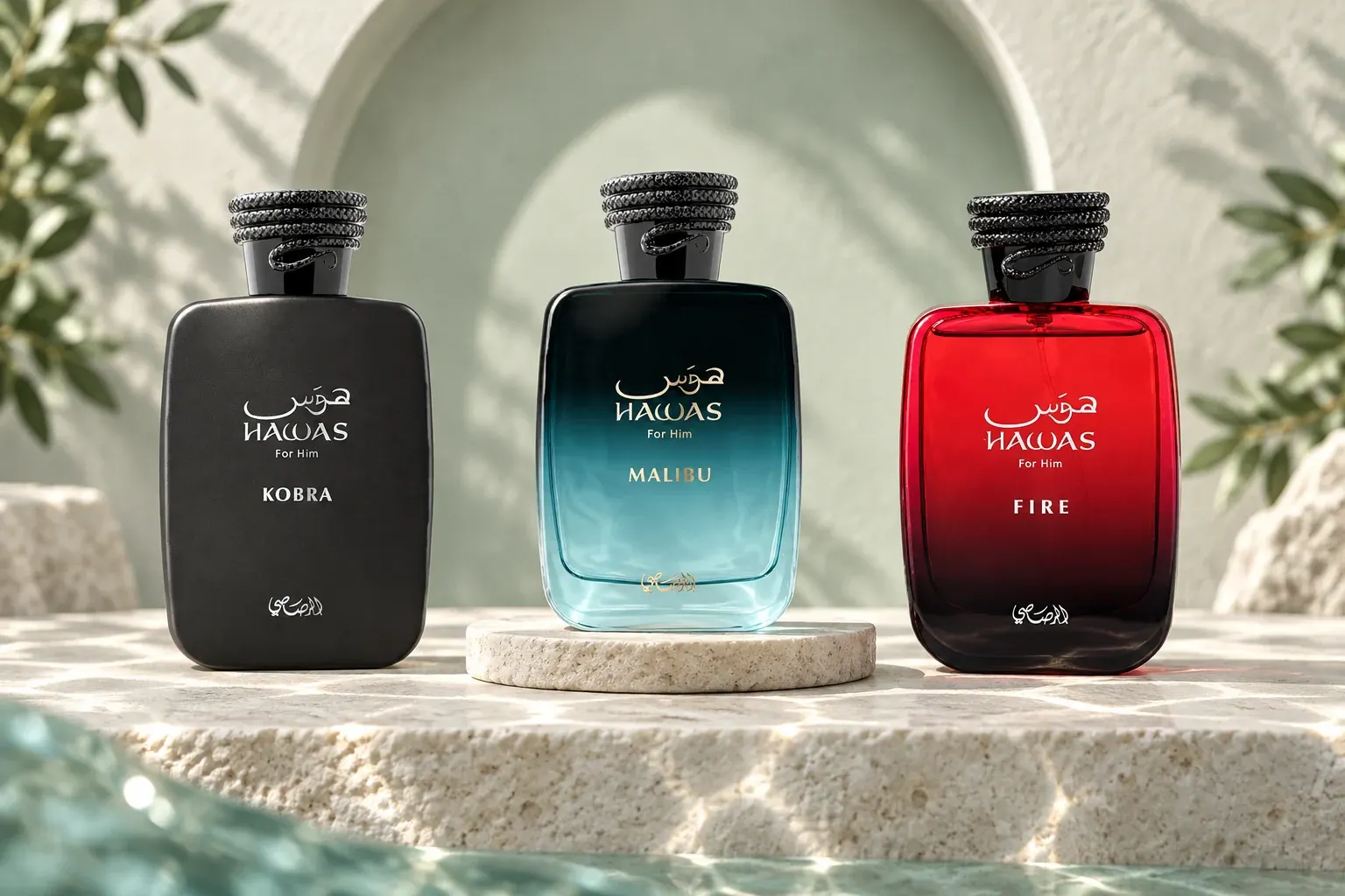 Rasasi Hawas Kobra, Malibu and Fire on pale stone against a sage botanical backdrop