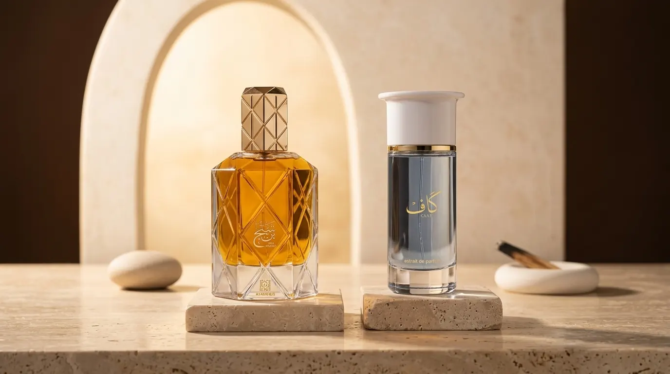 Ahmed Al Maghribi luxury fragrance collection on travertine marble featuring authentic Bin Shaikh and Kaaf bottles
