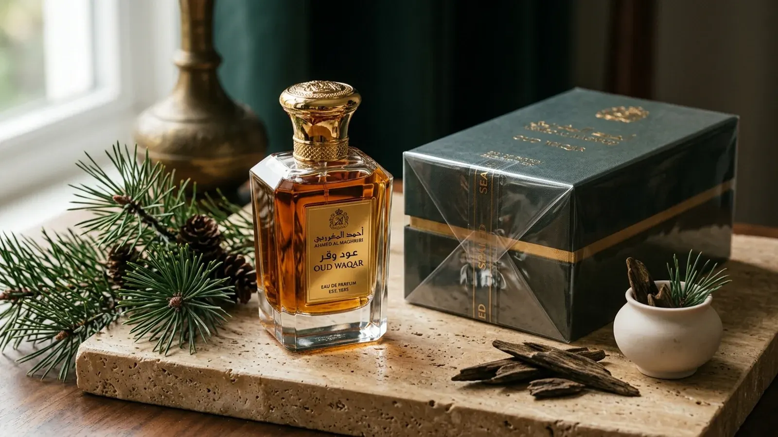 Authentic Ahmed Al Maghribi perfume bottles and factory-sealed presentation box on travertine stone with pine sprigs