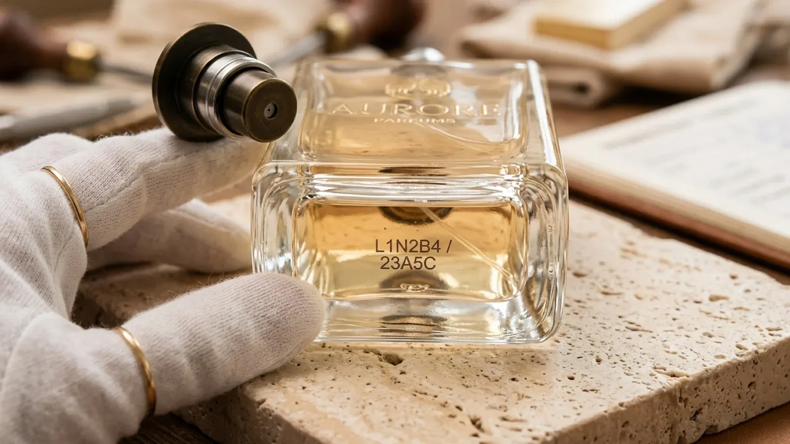 Close-up macro photo of authentic luxury perfume base with laser-etched batch code on travertine stone