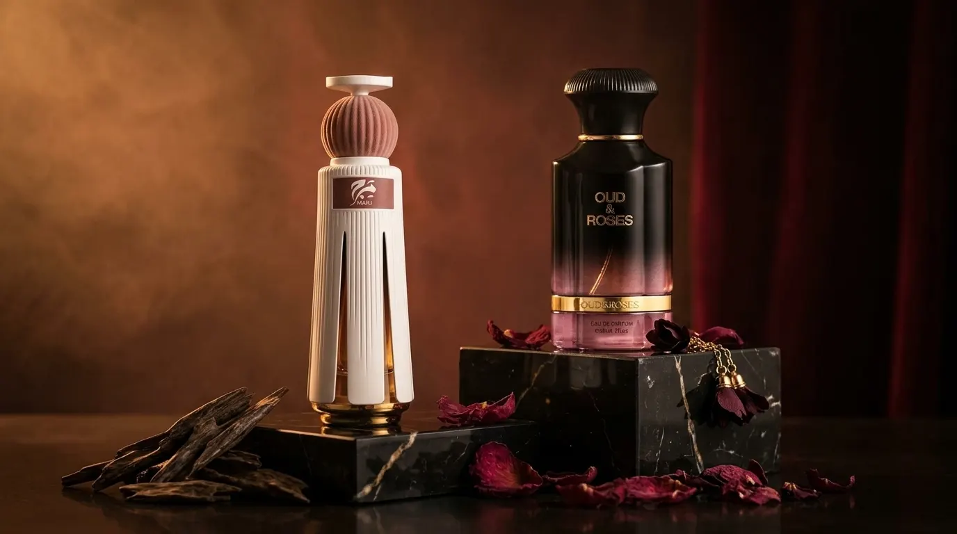 Ahmed Al Maghribi royal oud collection featuring authentic Oud & Roses and Marj with raw agarwood chips on dark marble
