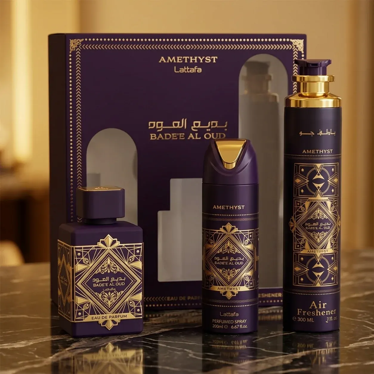 Lattafa Bade'e Al Oud Amethyst Gift Set (3-in-1) perfume bottle