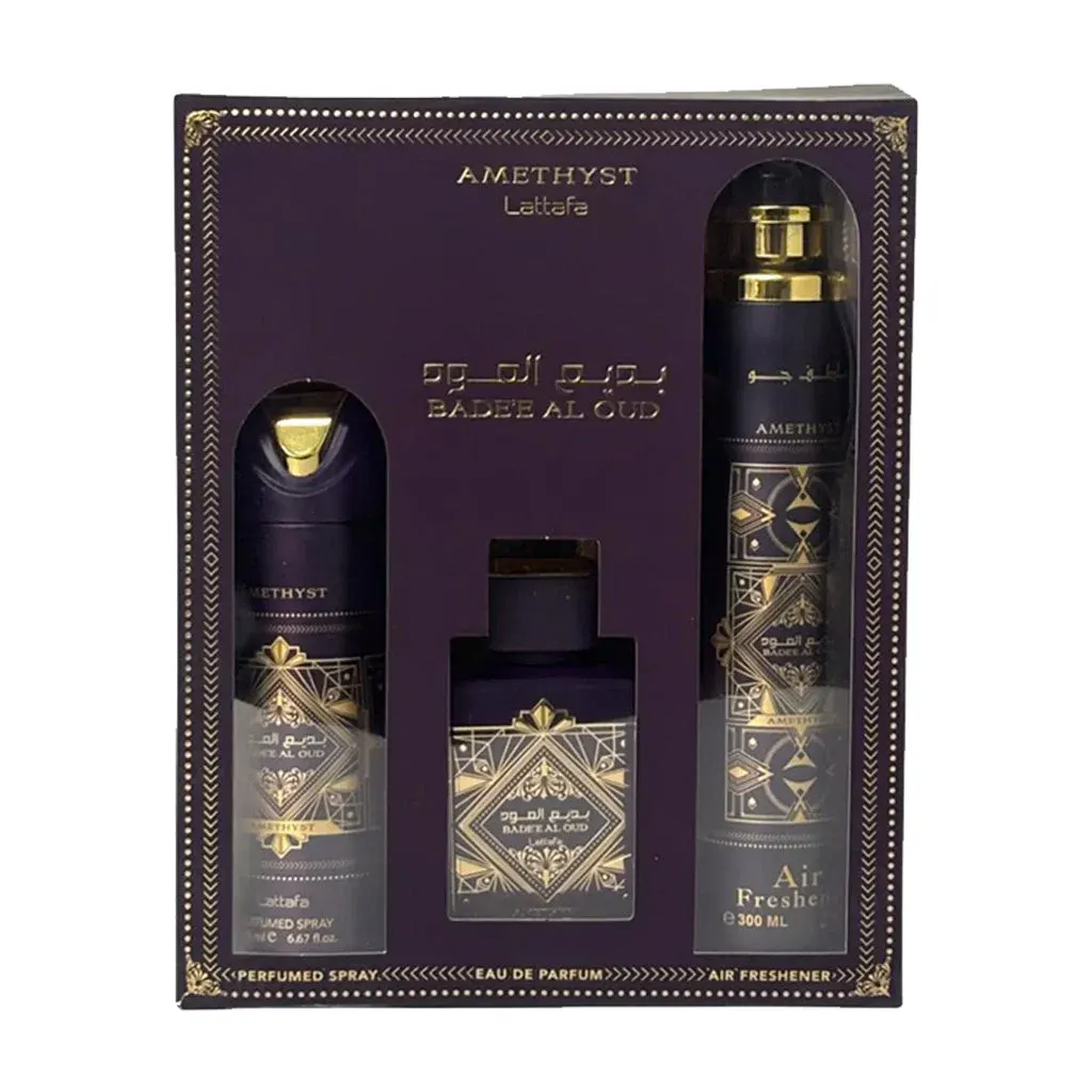 Lattafa Bade'e Al Oud Amethyst Gift Set (3-in-1) presentation box packaging