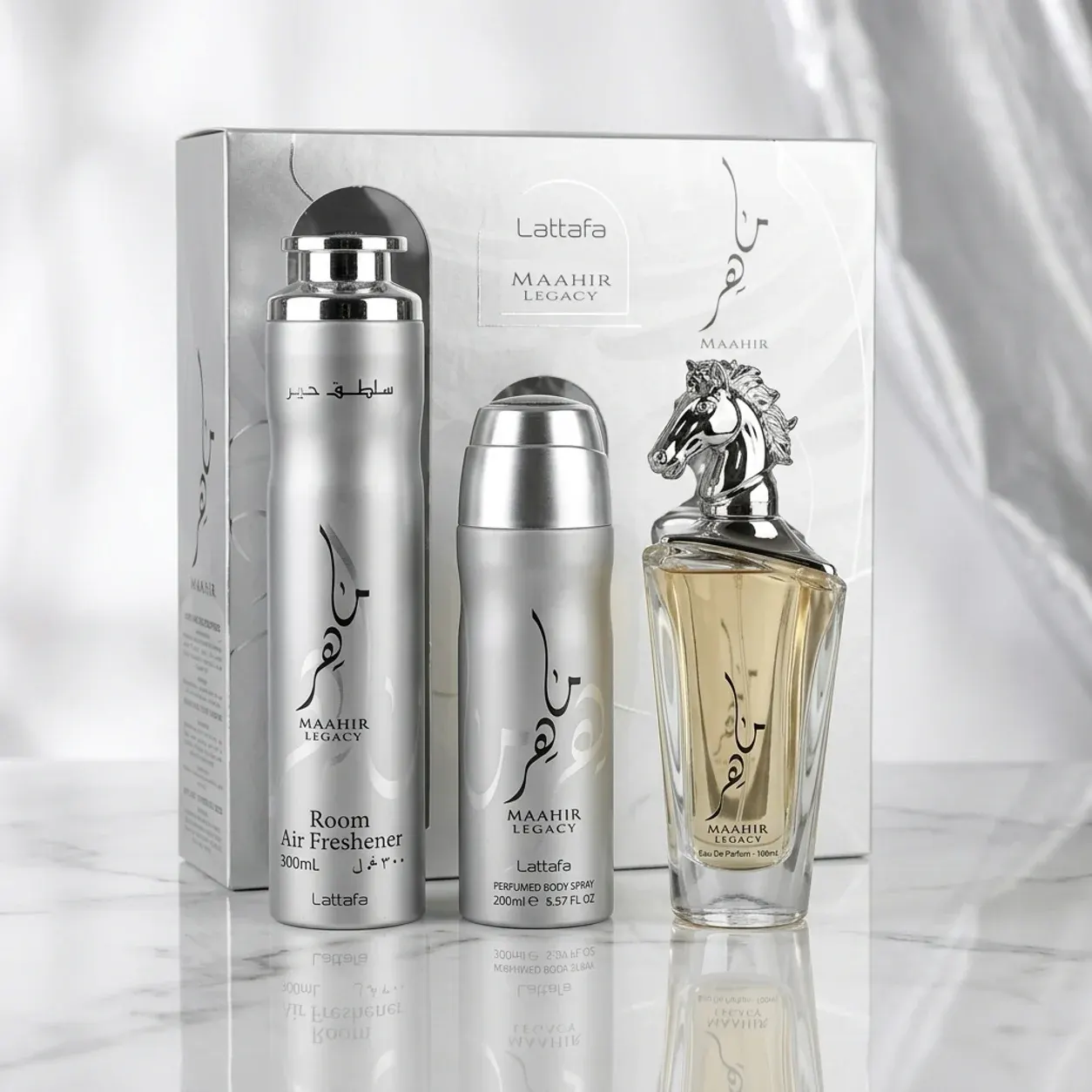 Lattafa Maahir Legacy Gift Set (3-in-1) perfume bottle