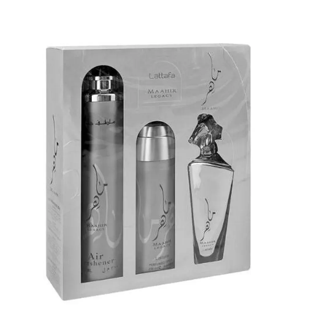 Lattafa Maahir Legacy Gift Set (3-in-1) presentation box packaging