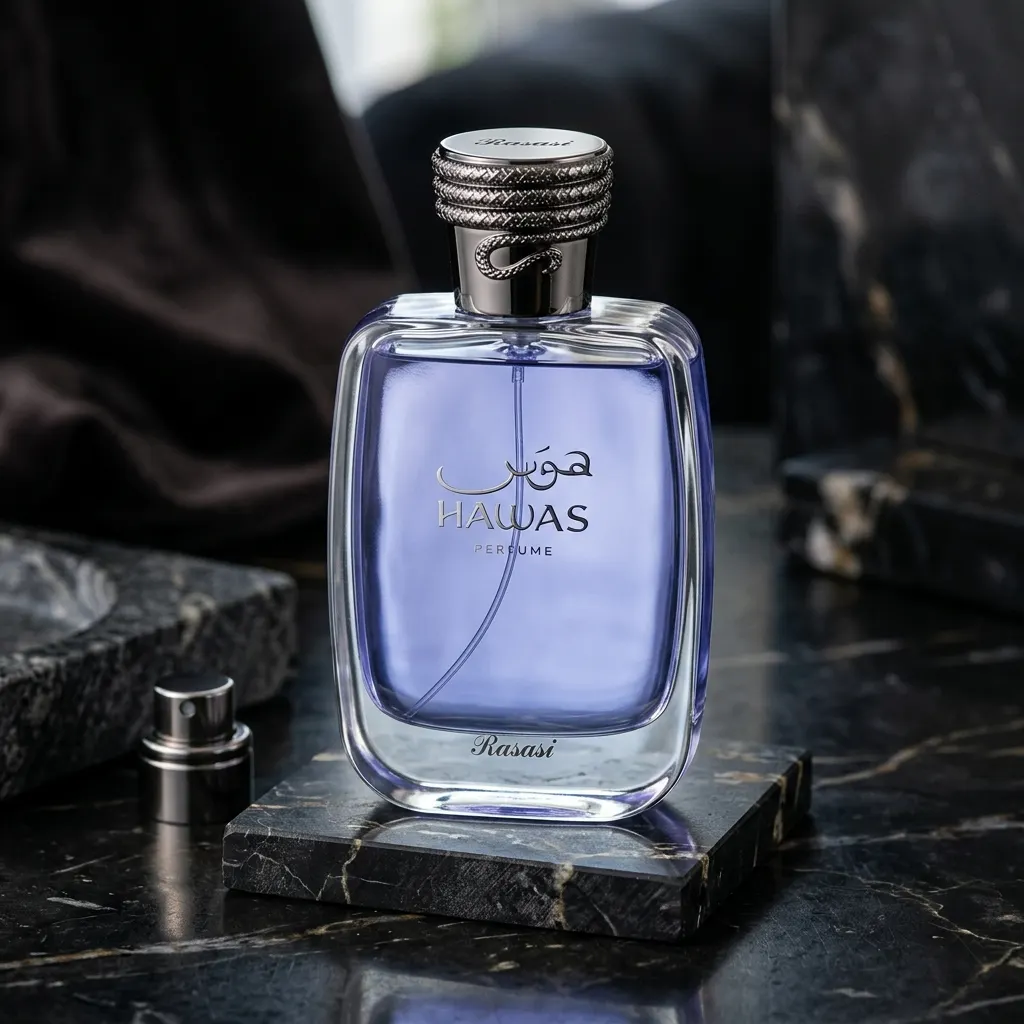 Rasasi Hawas perfume bottle with purple liquid on dark marble