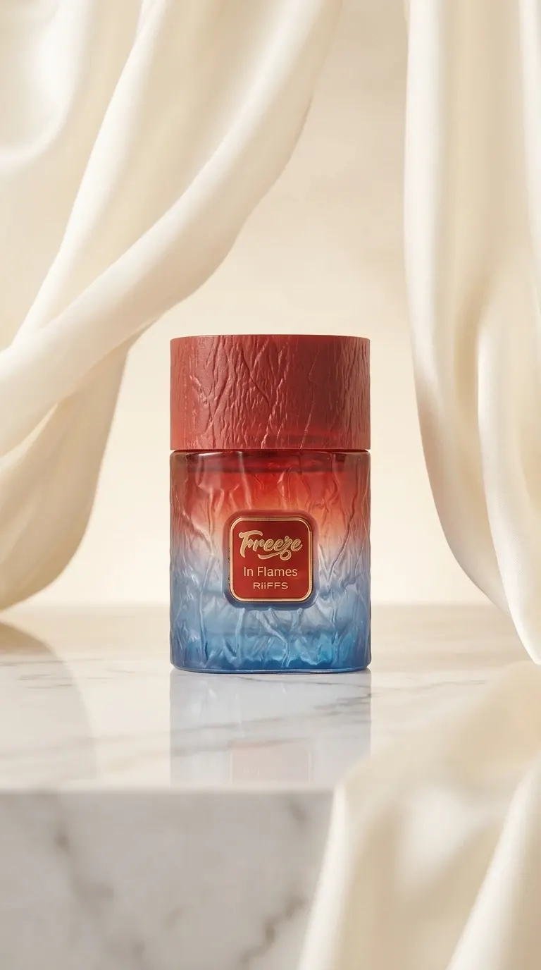 RiiFFS Freeze In Flames red and blue perfume bottle against ivory drapery