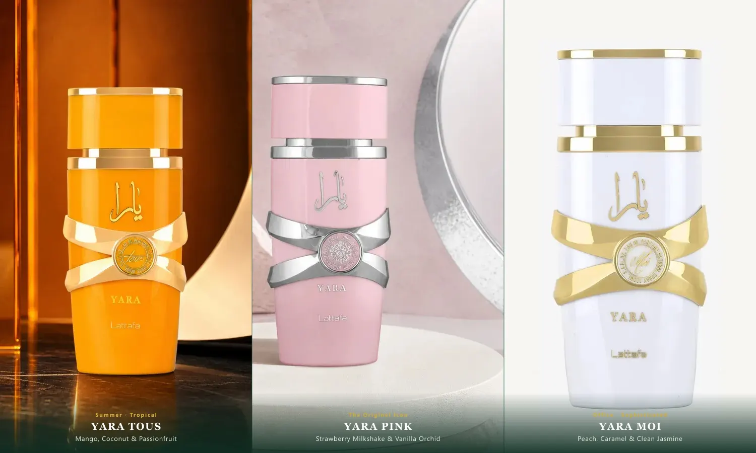Authentic Lattafa Yara collection: Yara Tous (yellow), original Yara (pink), and Yara Moi (white) authentic flacons