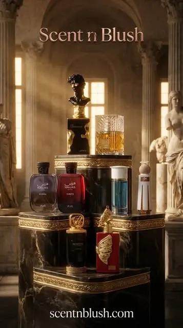 Scent n Blush Lattafa, Rasasi, Ahmed Al Maghribi and Riiffs bottles displayed in a grand marble hall