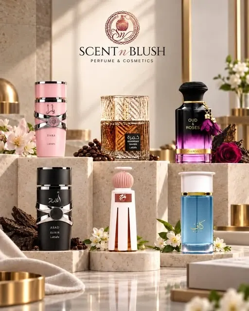 Scent n Blush campaign featuring Yara, Khamrah Qahwa, Oud and Roses, Asad Elixir and Kaaf bottles