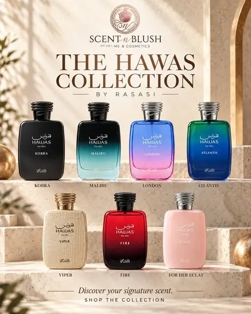 Original Scent n Blush campaign showing the Rasasi Hawas perfume family
