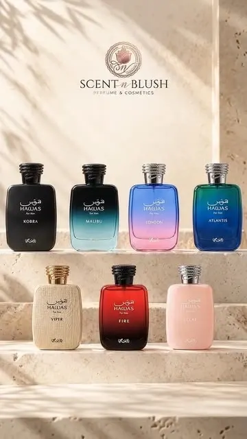 Rasasi Hawas Kobra, Malibu, London, Atlantis, Viper, Fire and Eclat bottles on cream stone steps