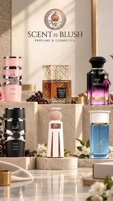 Scent n Blush perfume collection arranged in a light stone setting