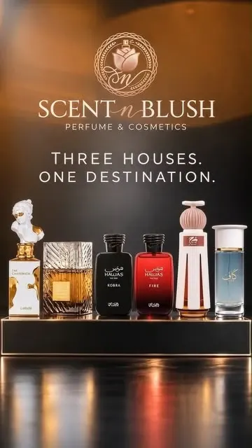 Scent n Blush fragrance campaign with a collection of original perfume bottles
