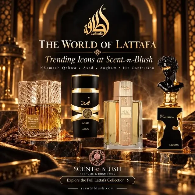 Original Scent n Blush World of Lattafa campaign with perfume bottles in a golden architectural setting