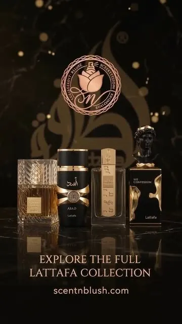 Lattafa Khamrah Qahwa, Asad, Angham and His Confession perfume bottles against a black and gold backdrop