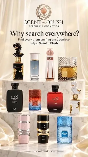 Scent n Blush fragrance collection arranged in a cream editorial collage